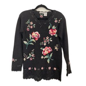 Vintage Floral Vneck Embroidered Sweater Cottagecore Grandma Size Medium